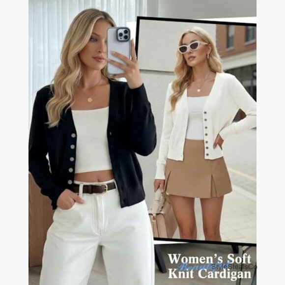 Lightweight Cropped Cardigan Set, V-Neck Button Down Long Sleeve Knit Sweaters - Picture 2 of 7